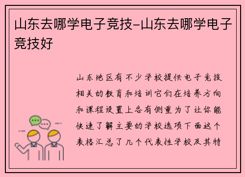 山东去哪学电子竞技-山东去哪学电子竞技好